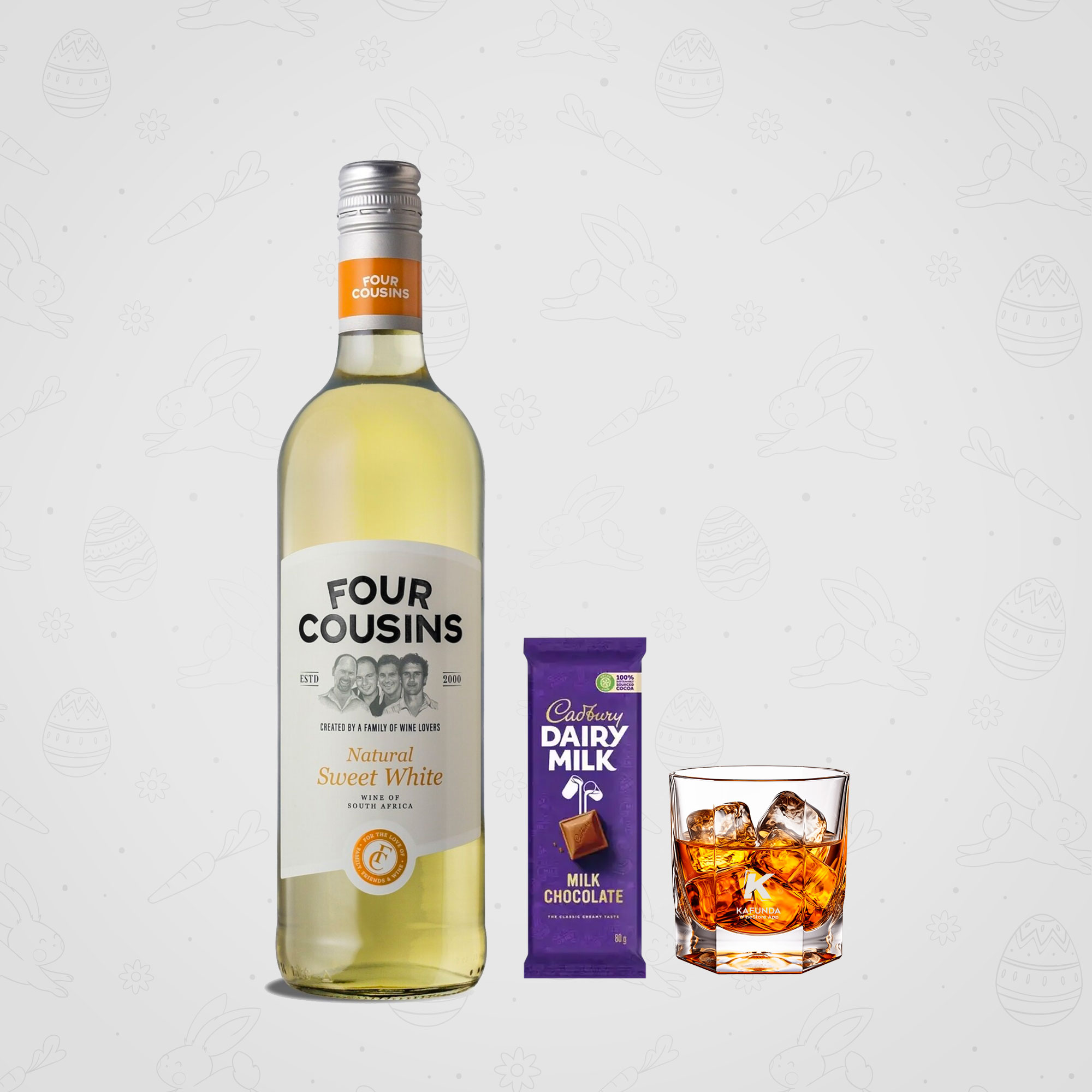 Four Cousins sweet white wine 750mls + Cadbury Dairy Milk Chocolates -80g + Free wine Glass x 1