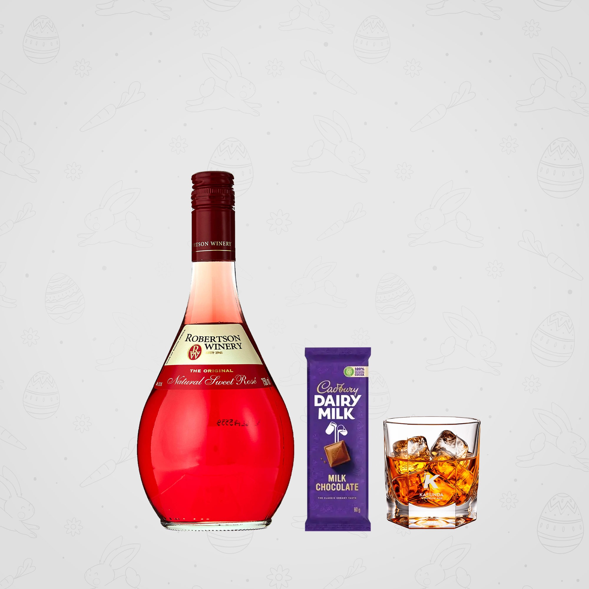 Robertson Sweet Rose Wine 750mls +Cadbury Dairy Milk Chocolates -80g  + Free Wine Glass
